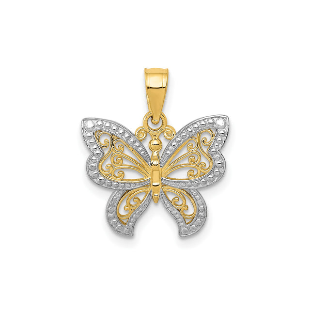 14k Two-Tone Gold Butterfly Pendant, Filigree Charm with Textured Detailing for Women