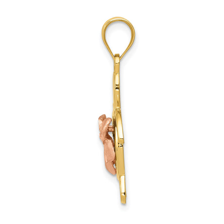 14k Two-Tone Gold Turtle Pendant with Rose Gold Plumeria Flower, Ocean-Inspired Charm