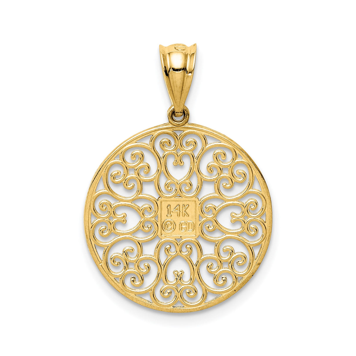 14k Yellow Gold Round Pendant with Filigree Starburst and Scrollwork Design for Women