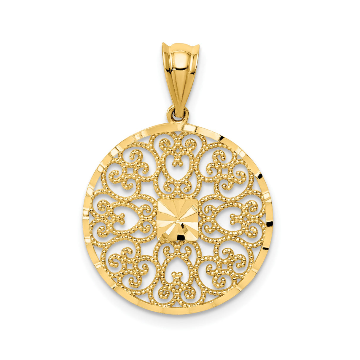 14k Yellow Gold Round Pendant with Filigree Starburst and Scrollwork Design for Women