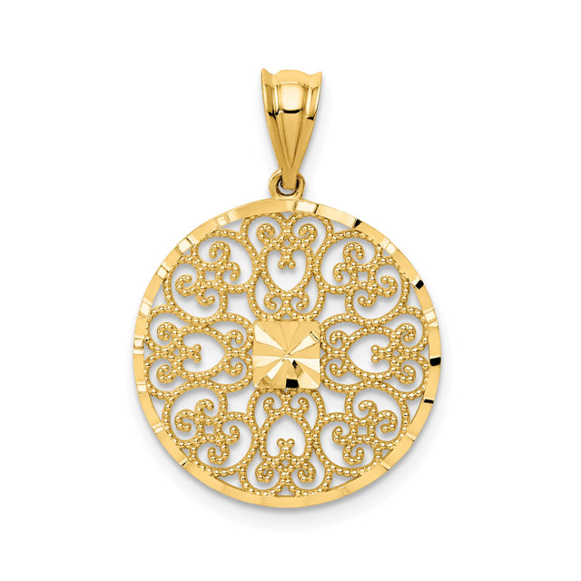 14k Yellow Gold Round Pendant with Filigree Starburst and Scrollwork Design for Women