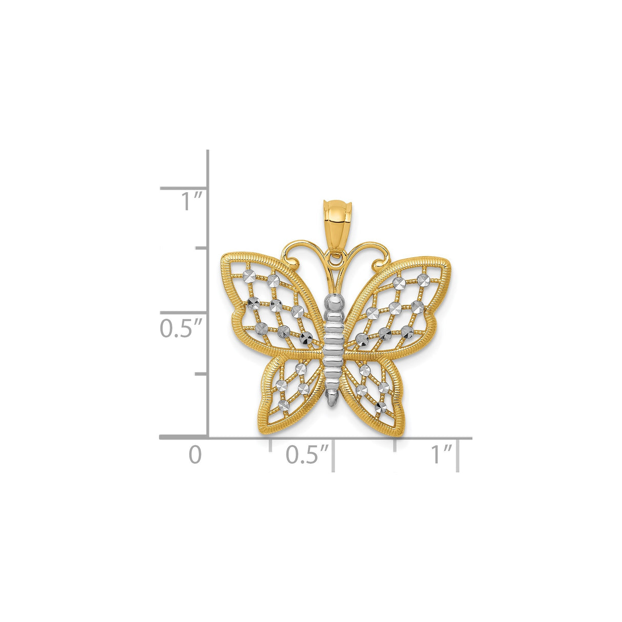 14k Yellow Gold and Rhodium Butterfly Pendant with Openwork and Diamond-Cut Accents