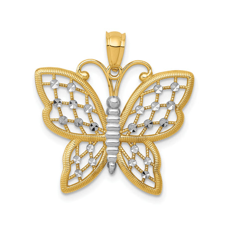 14k Yellow Gold and Rhodium Butterfly Pendant with Openwork and Diamond-Cut Accents