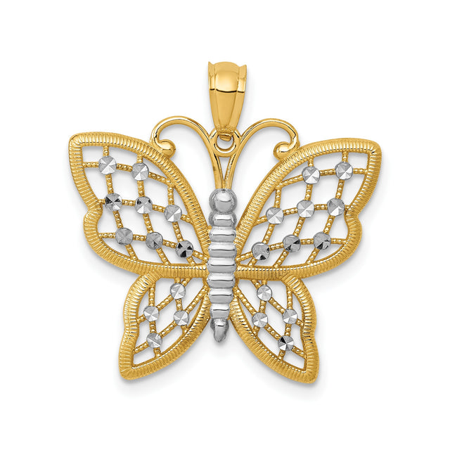 14k Yellow Gold and Rhodium Butterfly Pendant with Openwork and Diamond-Cut Accents
