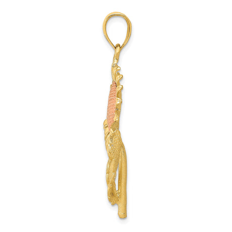 14k Two-Tone Gold Sunflower Pendant with Textured Rose Gold Center and Leaf Accents