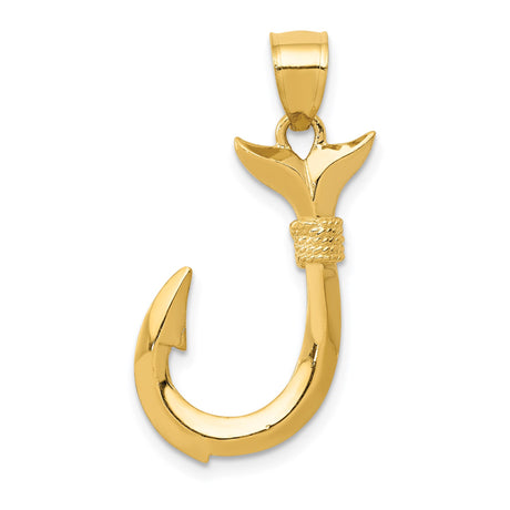 14k Yellow Gold Fishhook Pendant with Whale Tail Design, Nautical Surfer Style
