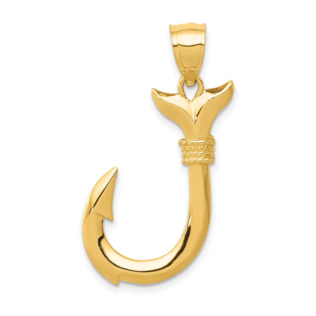 14k Yellow Gold Fish Hook Pendant with Whale Tail Design, Nautical Hawaiian Ocean Charm