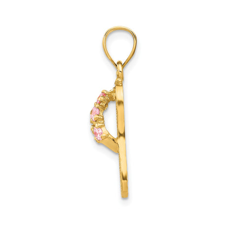 14k Yellow Gold Flip-Flop Sandal Pendant with Pink Cubic Zirconia, Textured Beach Charm Jewelry