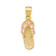 14k Yellow Gold Flip-Flop Sandal Pendant with Pink Cubic Zirconia, Textured Beach Charm Jewelry