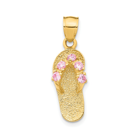 14k Yellow Gold Flip-Flop Sandal Pendant with Pink Cubic Zirconia, Textured Beach Charm Jewelry