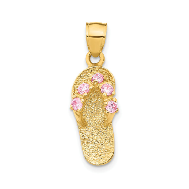 14k Yellow Gold Flip-Flop Sandal Pendant with Pink Cubic Zirconia, Textured Beach Charm Jewelry