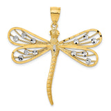 14k Yellow Gold and Rhodium Dragonfly Pendant with Filigree Wings and Diamond Cut Accents