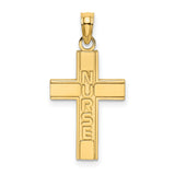 Nurse Word On Polished Latin Cross Charm Pendant in Real 14k Yellow Gold