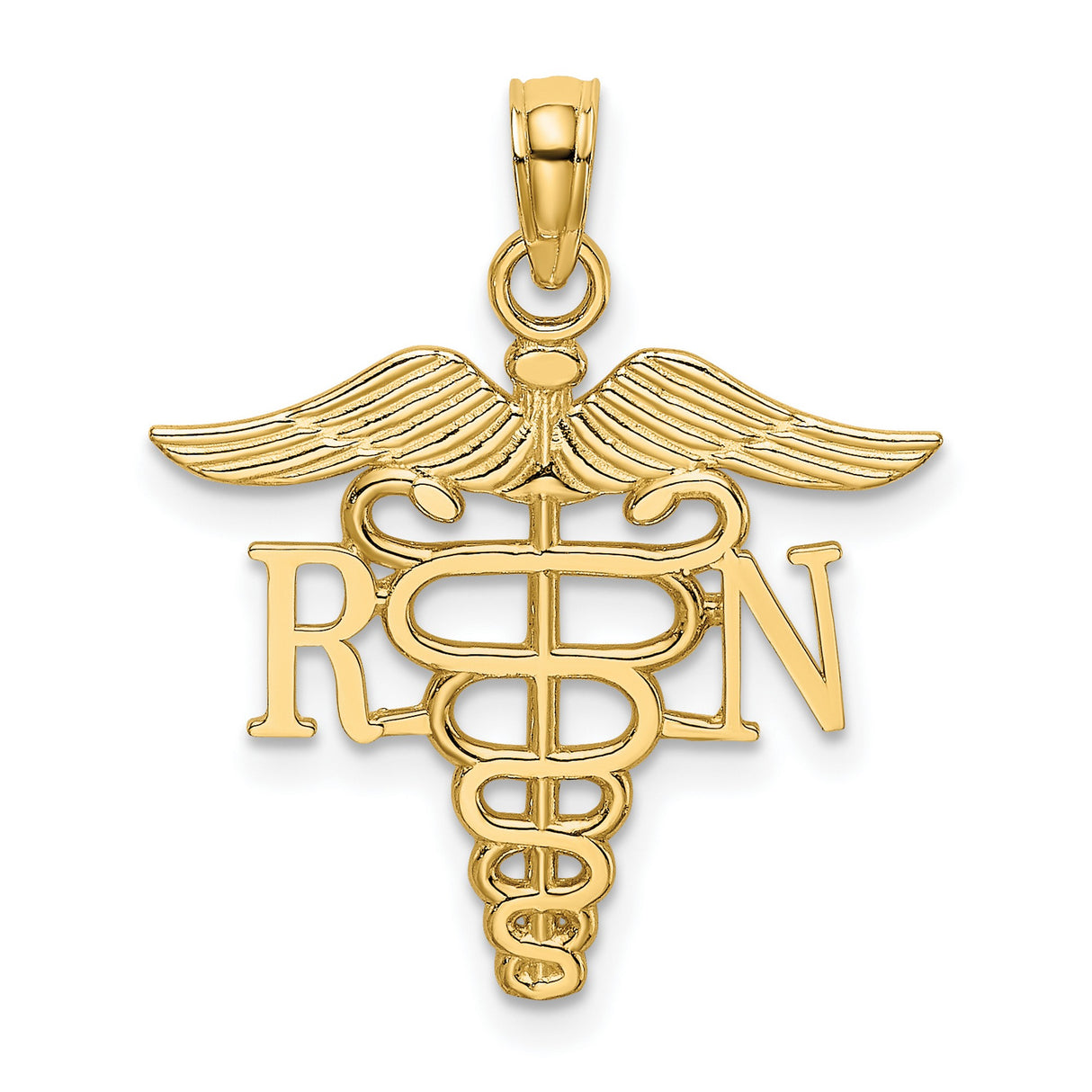 14k Yellow Gold RN Pendant with Caduceus Symbol, Medical Charm for Nurses