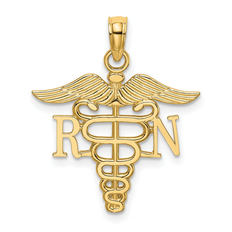 14k Yellow Gold RN Pendant with Caduceus Symbol, Medical Charm for Nurses