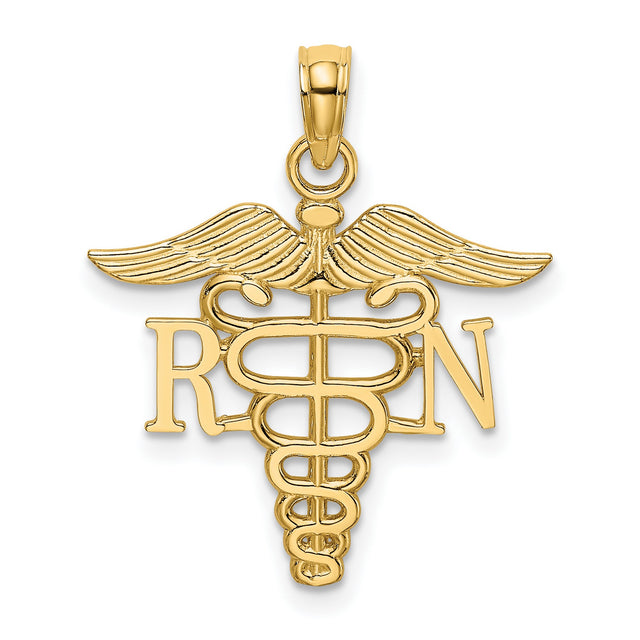 14k Yellow Gold RN Pendant with Caduceus Symbol, Medical Charm for Nurses