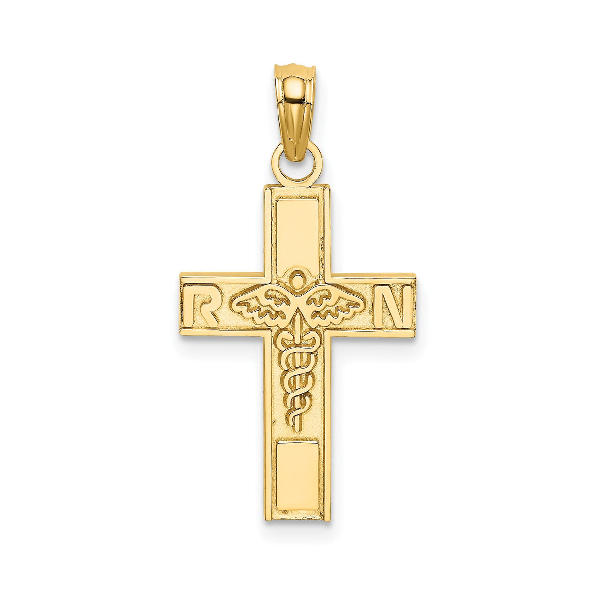 14k Yellow Gold RN Cross Pendant with Caduceus Medical Symbol, Christian Nursing Jewelry