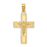 RN Letters And Caduceus Symbol On Latin Cross Charm Pendant in Real 14k Yellow Gold