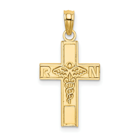RN Letters And Caduceus Symbol On Latin Cross Charm Pendant in Real 14k Yellow Gold