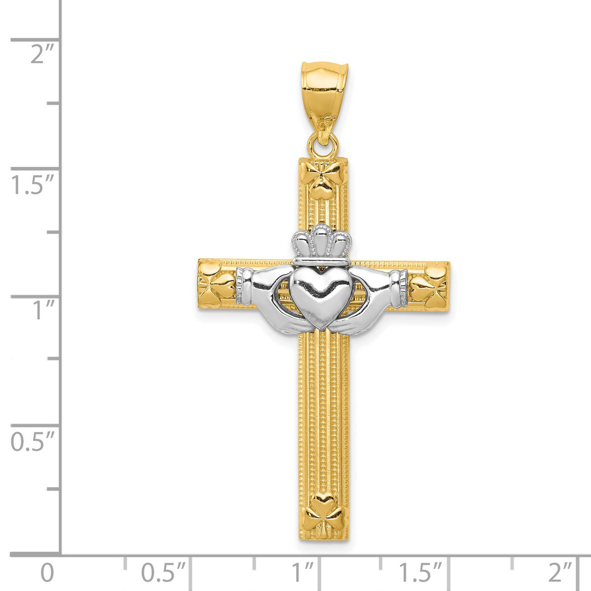 Claddagh Latin Cross With Shamrock Accents Charm Pendant in Real 14k Multi-Tone Gold