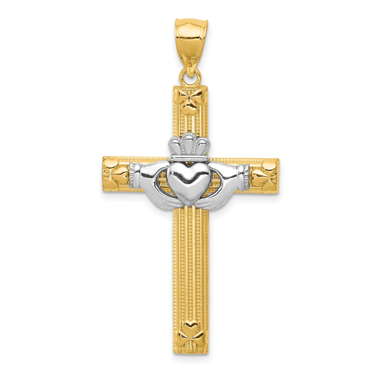 Claddagh Latin Cross With Shamrock Accents Charm Pendant in Real 14k Multi-Tone Gold