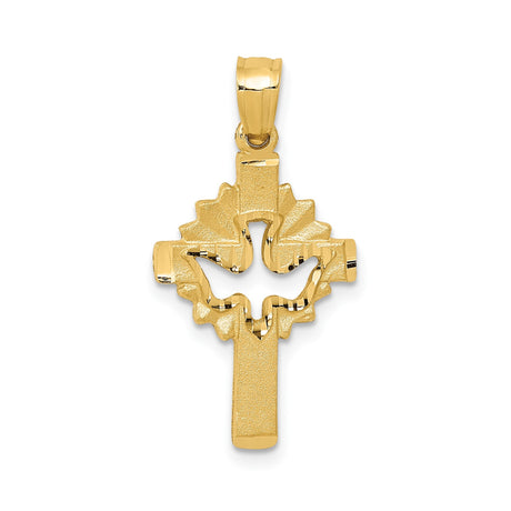 14k Yellow Gold Cross Pendant with Dove Motif and Light Burst Design for Men and Women