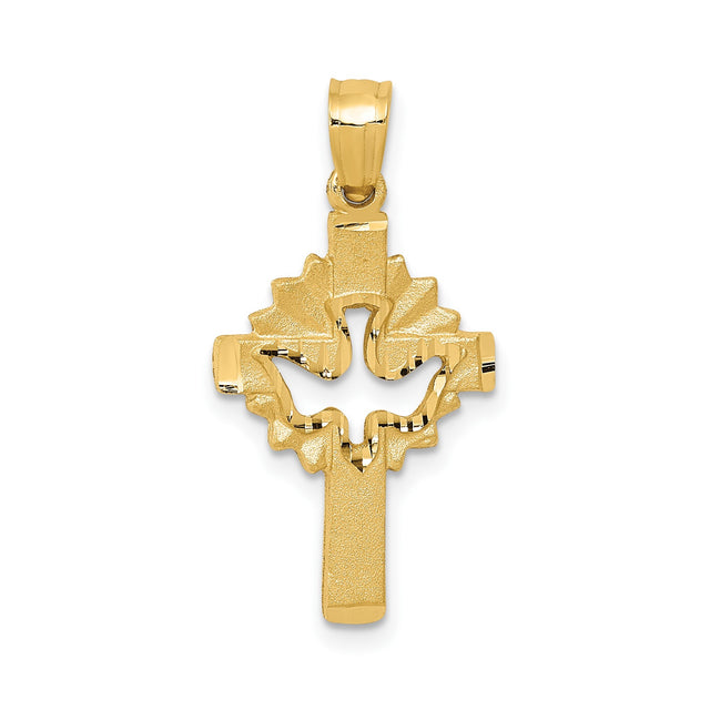 14k Yellow Gold Cross Pendant with Dove Motif and Light Burst Design for Men and Women