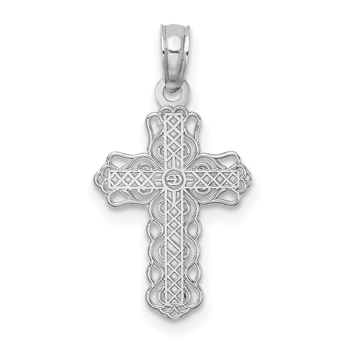 Lace Trim and Polished Center Cross Charm Pendant in Real 14k White Gold