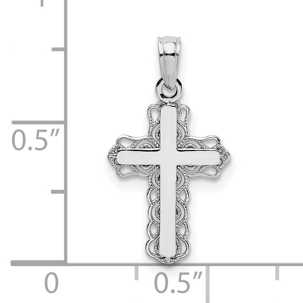 Lace Trim and Polished Center Cross Charm Pendant in Real 14k White Gold