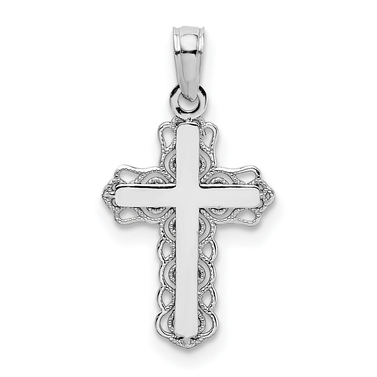 Lace Trim and Polished Center Cross Charm Pendant in Real 14k White Gold