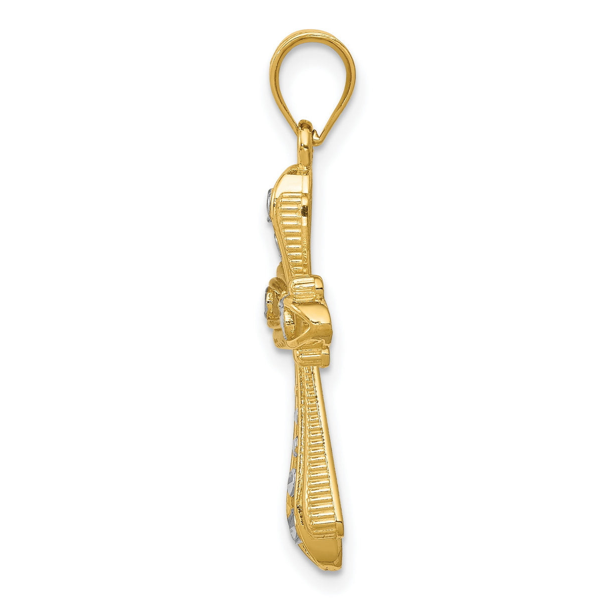 Fleur De Lis Cross With Rhodium Accents Charm Pendant in Real 14k Multi-Tone Gold