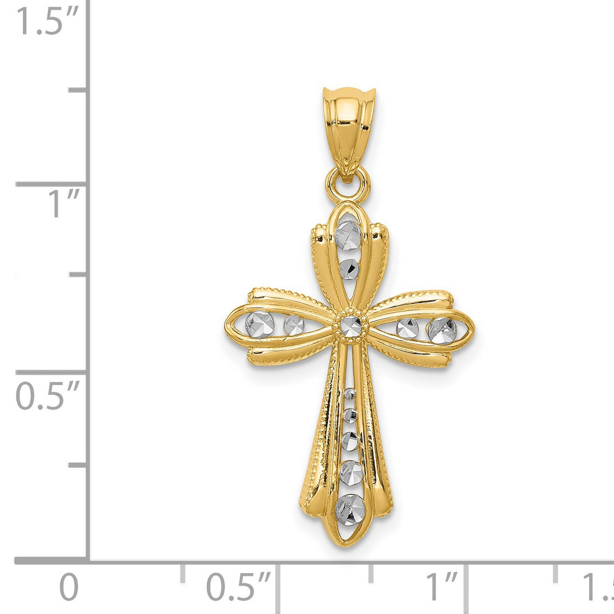 Fleur De Lis Cross With Rhodium Accents Charm Pendant in Real 14k Multi-Tone Gold