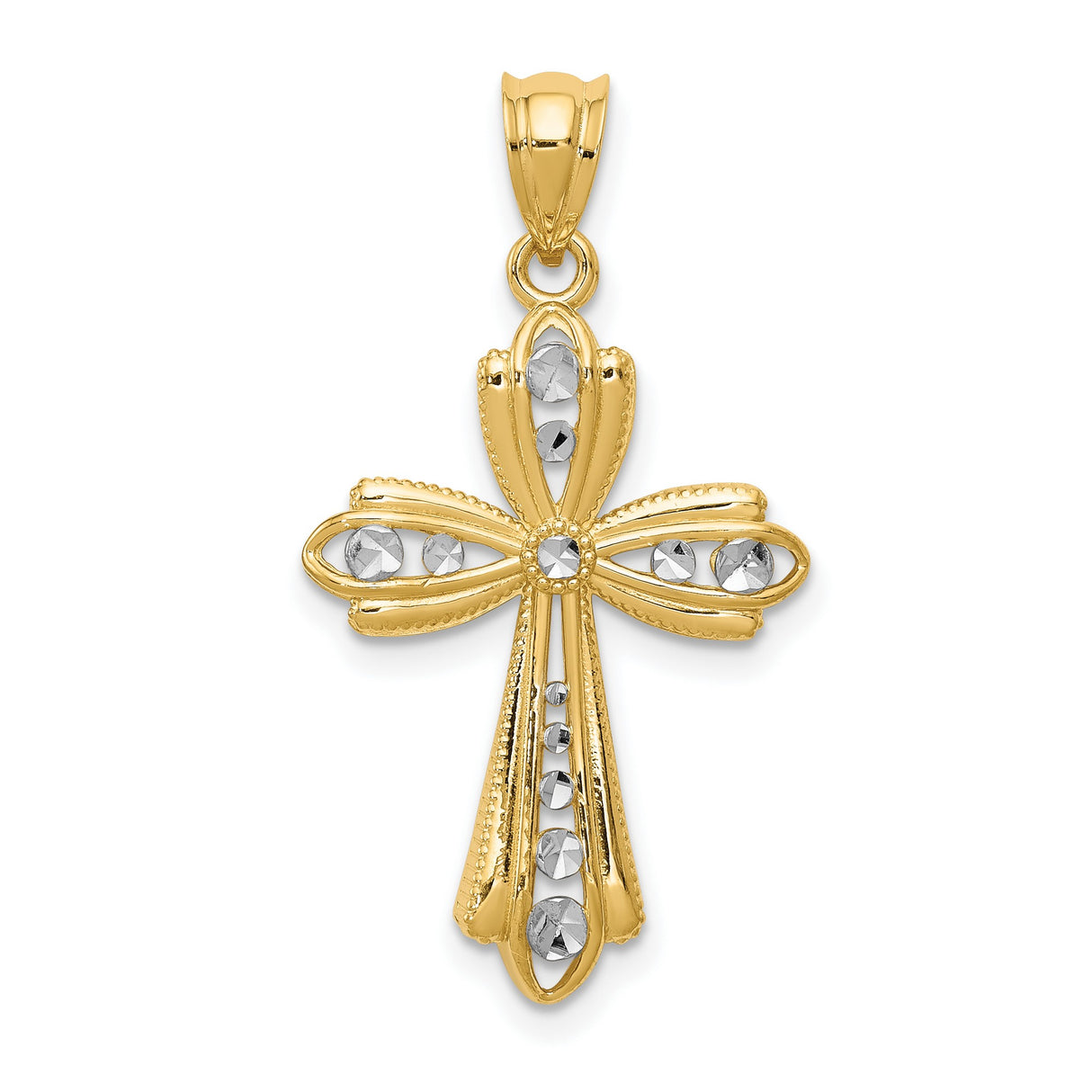 Fleur De Lis Cross With Rhodium Accents Charm Pendant in Real 14k Multi-Tone Gold