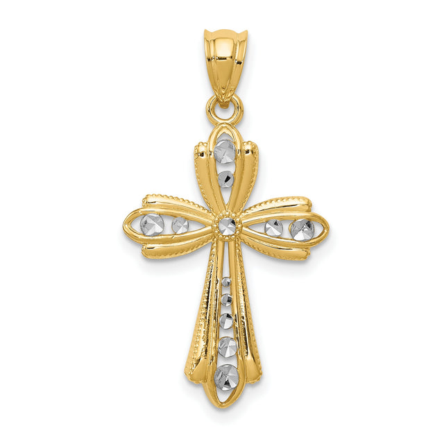 Fleur De Lis Cross With Rhodium Accents Charm Pendant in Real 14k Multi-Tone Gold