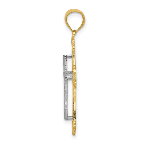 14k Two-Tone Gold Budded Latin Cross Pendant with Ornate Scroll Accents for Men and Women