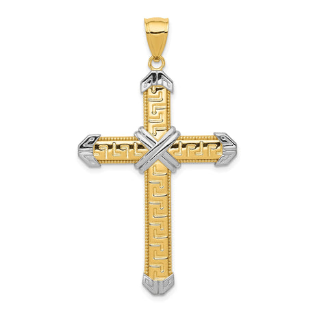14k Multi-Tone Gold Latin Cross Pendant with Textured Rhodium Accents