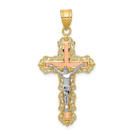 14k Tri Color Gold Crucifix Pendant with Filigree Baroque Design for Men and Women