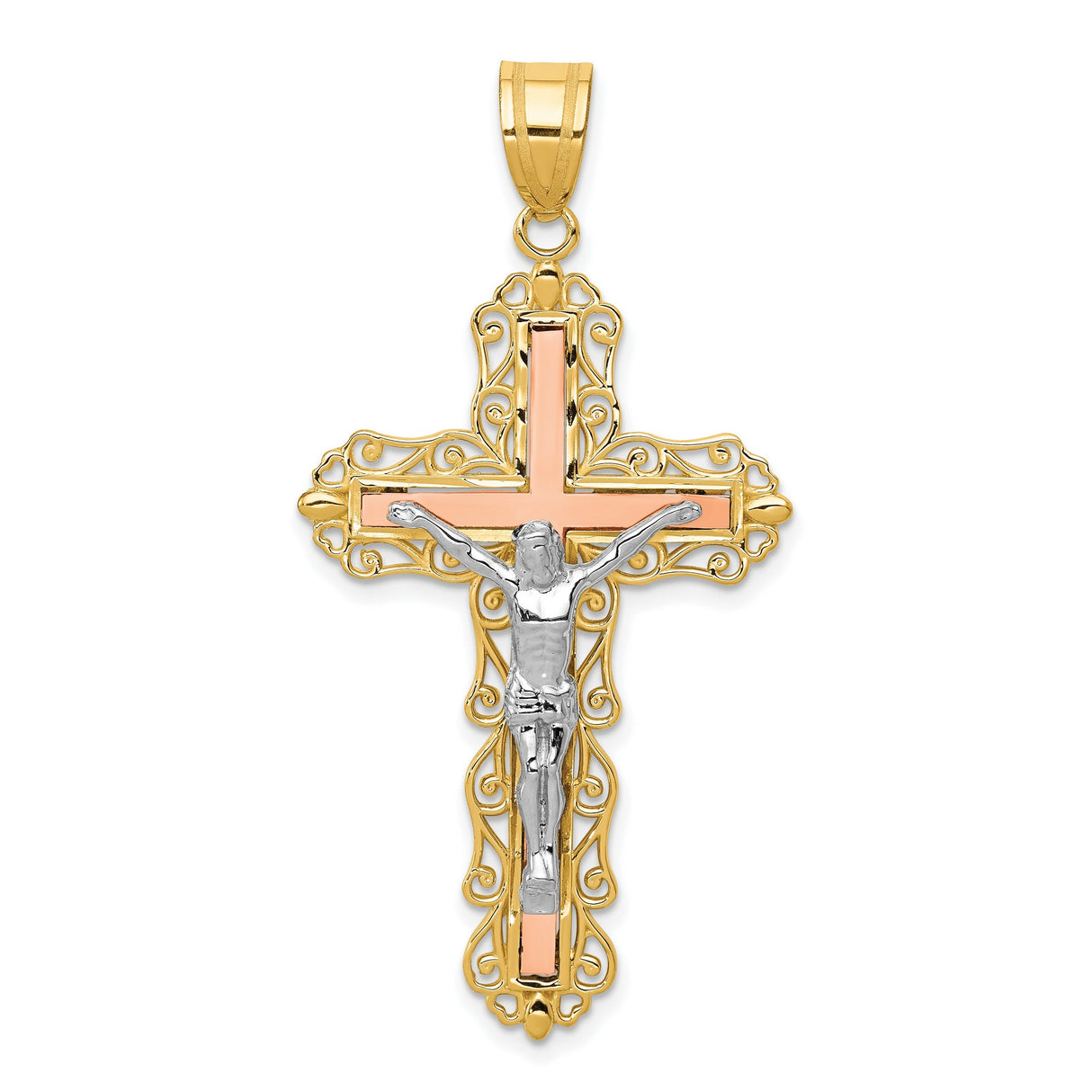 Passion Crucifix Charm Pendant in Real 14k Multi-Tone Gold