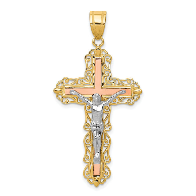 Passion Crucifix Charm Pendant in Real 14k Multi-Tone Gold
