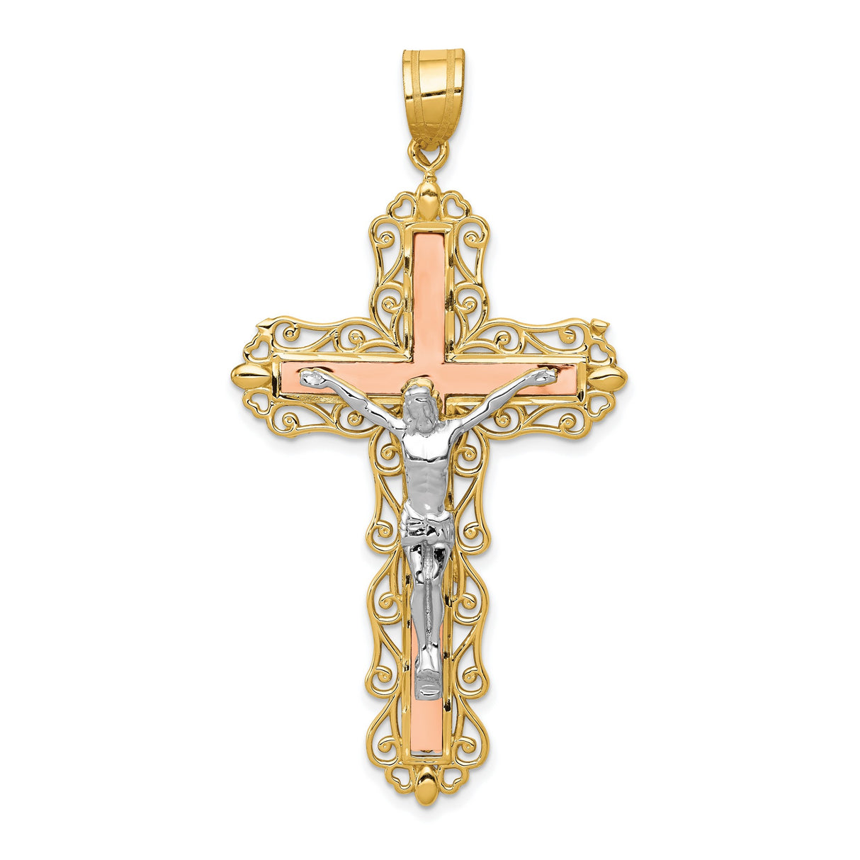 Passion Crucifix Charm Pendant in Real 14k Multi-Tone Gold