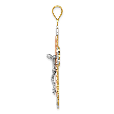 14k Multi-Tone Gold Crucifix Pendant with Textured Rope Border and Fleur de Lis Design