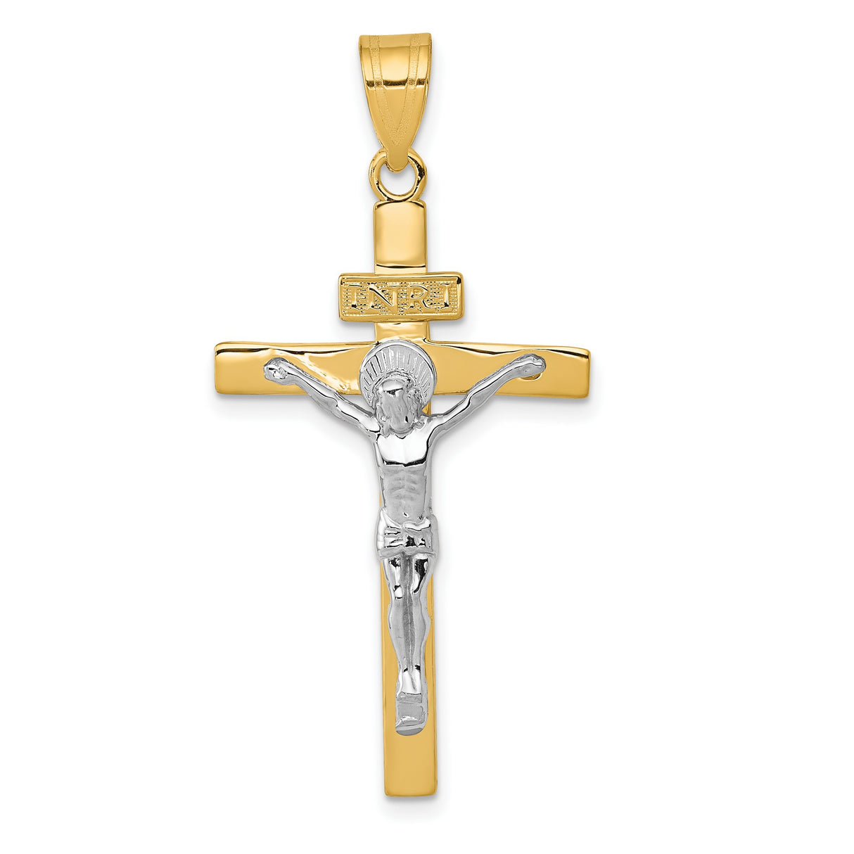 INRI Latin Crucifix Charm Pendant in Real 14k Multi-Tone Gold