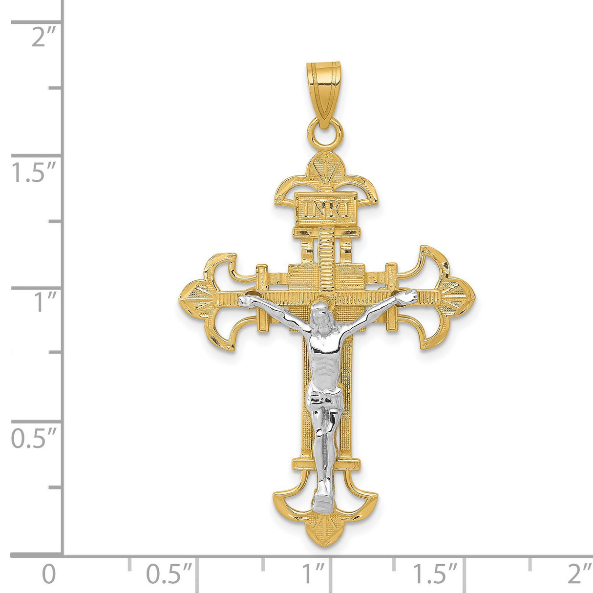 INRI Fleur De Lis Crucifix Charm Pendant in Real 14k Multi-Tone Gold