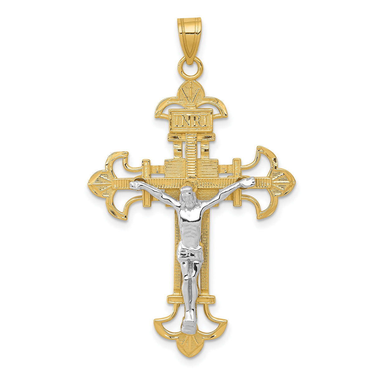 INRI Fleur De Lis Crucifix Charm Pendant in Real 14k Multi-Tone Gold