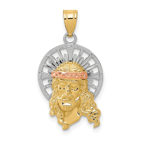 14k Tri-Color Gold Jesus Head Pendant with Crown of Thorns and Radiant Halo