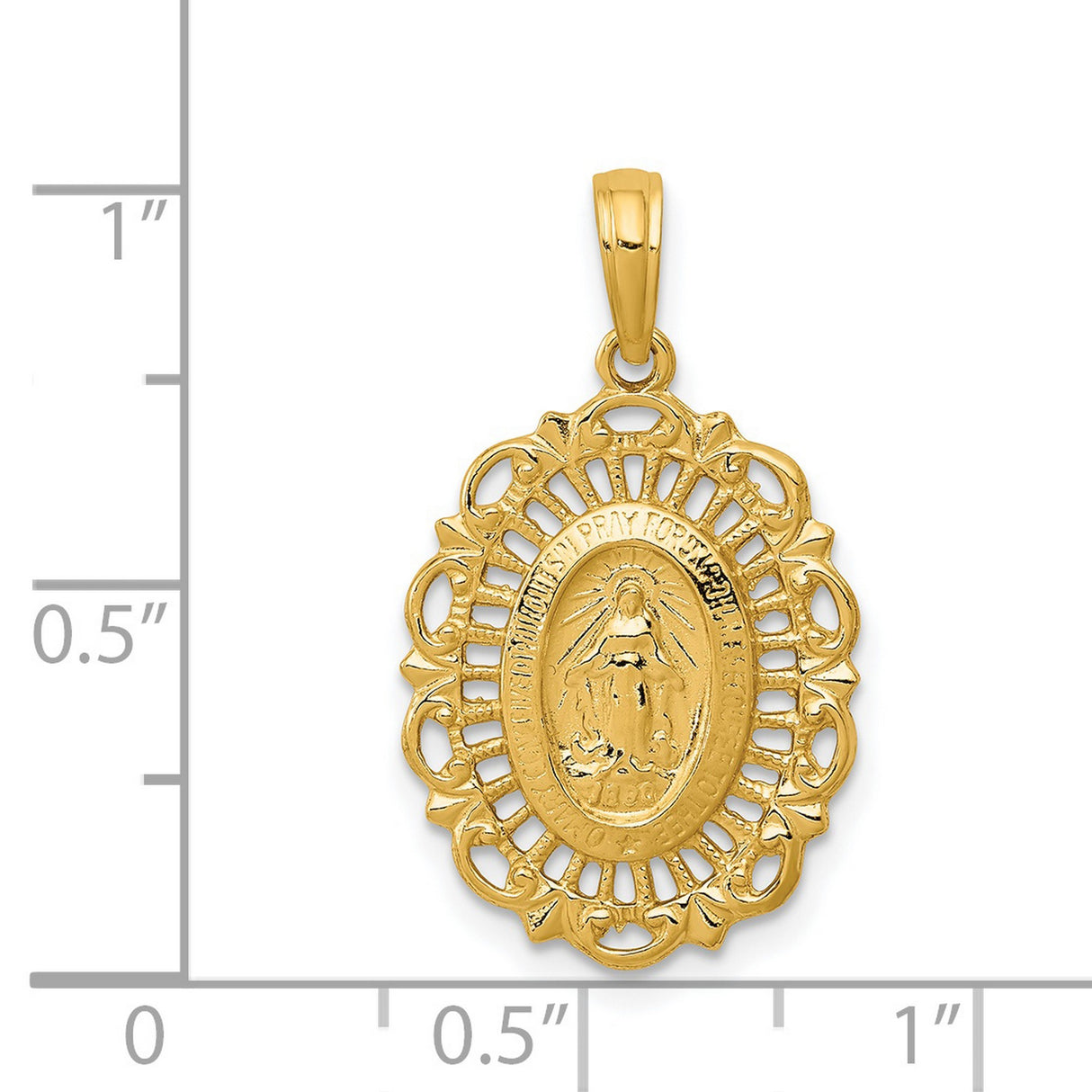14k Yellow Gold Miraculous Medal Pendant with Virgin Mary, Filigree Oval Design, Catholic Jewelry