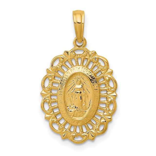 14k Yellow Gold Miraculous Medal Pendant with Virgin Mary, Filigree Oval Design, Catholic Jewelry