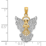 Angel With Rhodium Accented Filigree Wings Charm Pendant in Real 14k Multi-Tone Gold