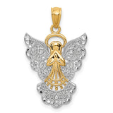 Angel With Rhodium Accented Filigree Wings Charm Pendant in Real 14k Multi-Tone Gold