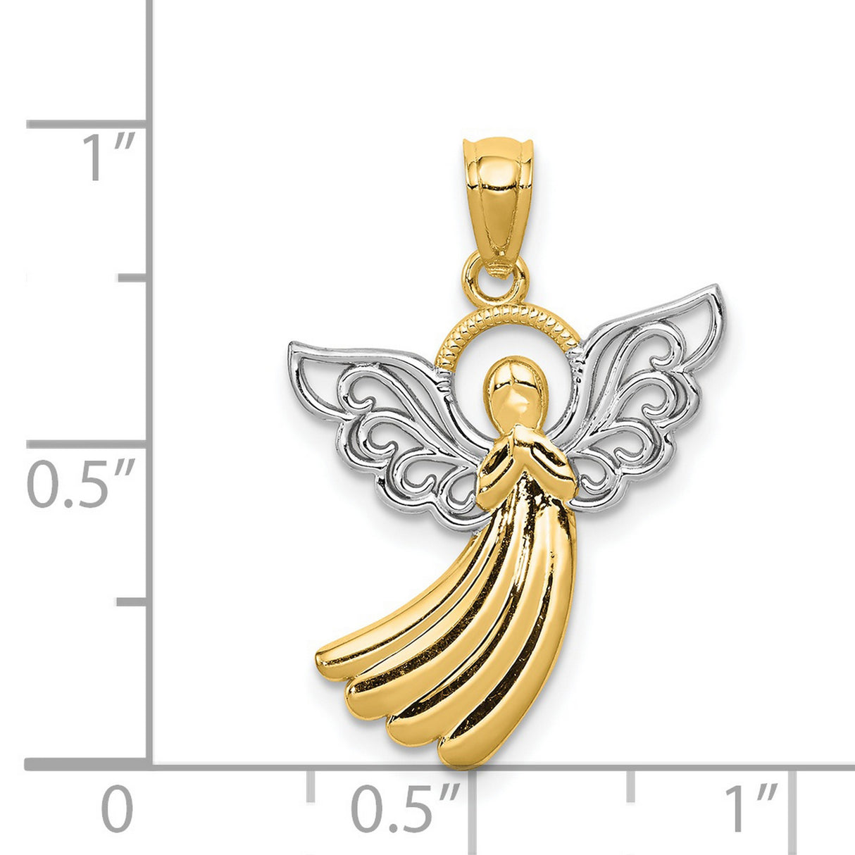 Angel With Filigree Style Rhodium Wings Charm Pendant in Real 14k Multi-Tone Gold